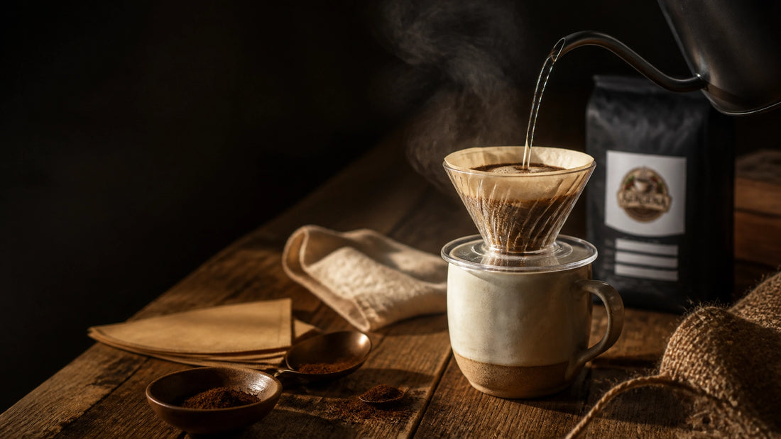A simple home pour-over setup with a cone dripper, fresh coffee, kettle, and warm mug on a rustic wooden table