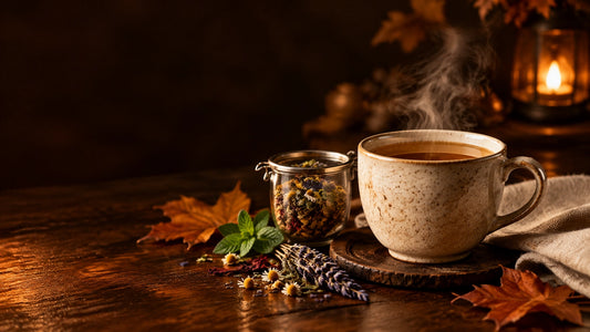 Steaming herbal tea with loose leaf herbs on a rustic wooden table in warm fall lamplight